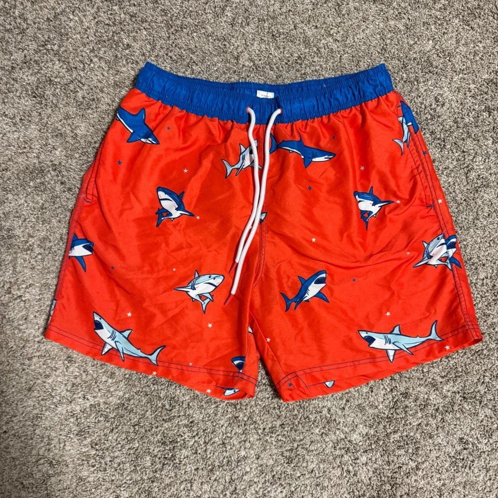 Old Navy Mens Shark Print Swim Trunks Red Blue Mesh Lined Size M 32-34